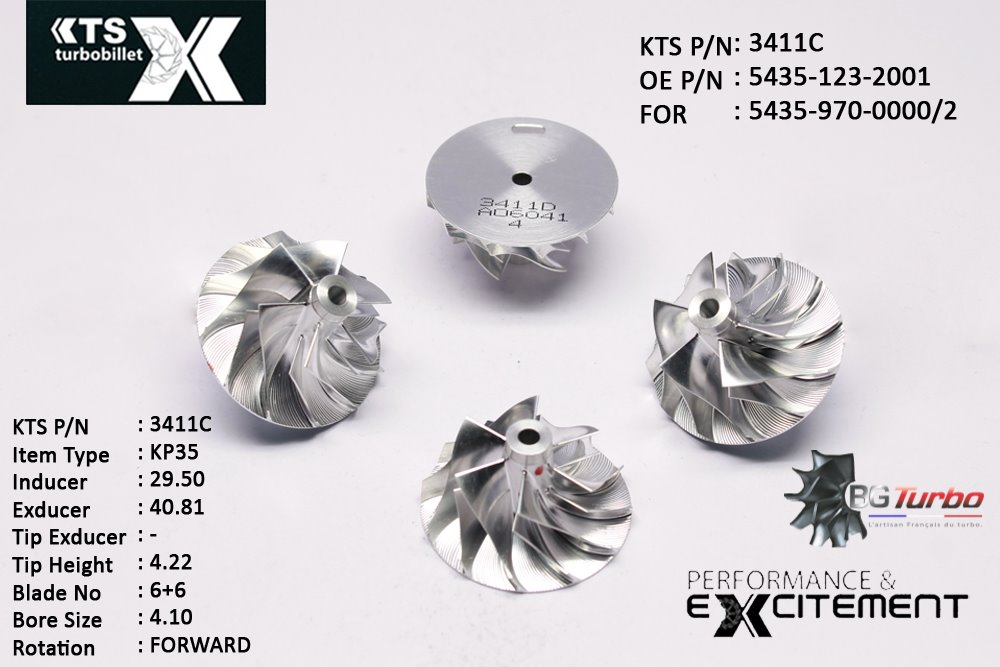 Turbo ROUE FORGÉE MFS PERFORMANCE - 6+6 PALES - INDUCER : 29,5 - EXDUCER : 40,81 - TYPE : KP35ANGLE : 55° - ROTATION : Forward - SUPER BACK : 0 - BORE SIZE : 4,1

